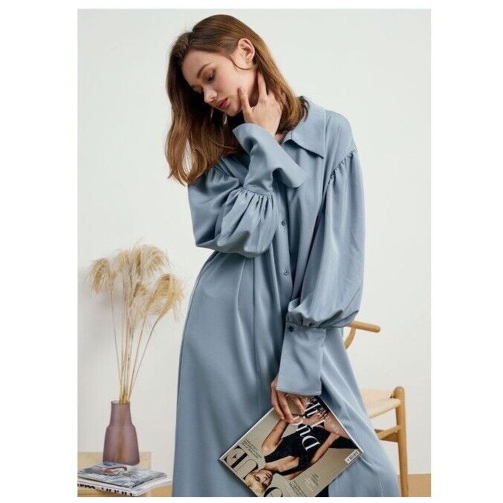 NAP LOUNGEWEAR Drape shirt DRESS robe Size Small Satin Puff‎ Sleeve Frost Blue
